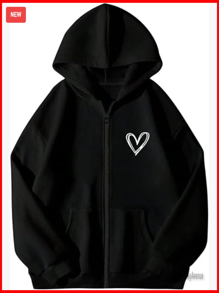 Heart Print Zip Up Hoodie Sweatshirt Women Casual Jacket
